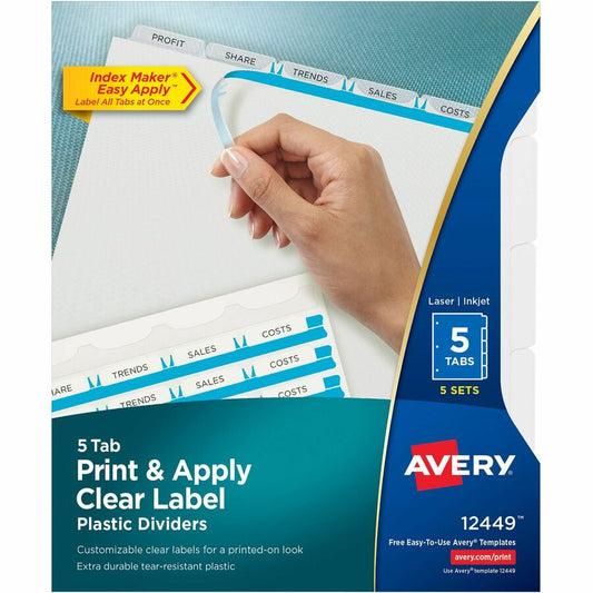 Avery, Print & Apply Translucent Dividers - 25 x Divider(s) - Print-on Tab(s) - 5 - 5 Tab(s)/Set - 8.5" Divider Width x 11" Divider Length - 3 Hole Punched - Translucent Plastic Divider - Frosted Clear Plastic Tab(s) - Hole-punched, Printable, Cust...