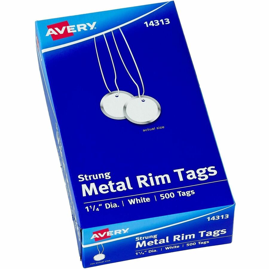 Avery&reg, 1-1/4" Metal Rim Key Tags, Strung, White, 500 Tags (14313) - 1.25" Diameter - Round - String Fastener - Metal, Card Stock - White - 500 / Box
