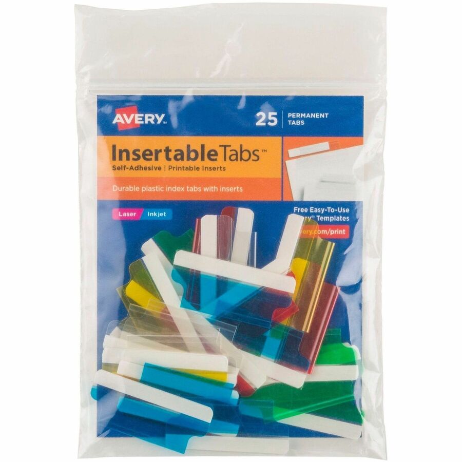 Avery&reg, Index Tabs with Printable Inserts - Print-on Tab(s) - 1.50" Tab Height - Self-adhesive, Permanent - Assorted Plastic Tab(s) - 1 Pack