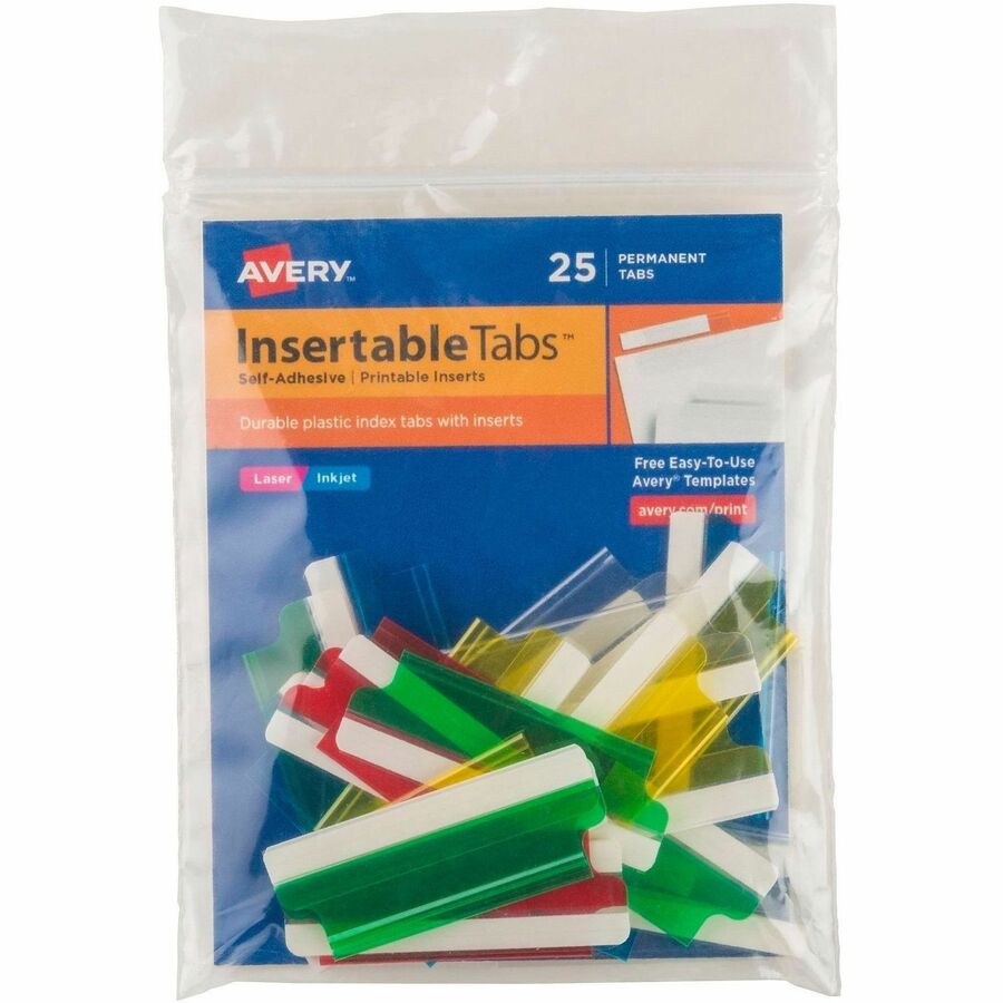 Avery&reg, Index Tabs with Printable Inserts - Print-on Tab(s) - 2" Tab Height - Self-adhesive, Permanent - Assorted Plastic Tab(s) - 25 / Pack