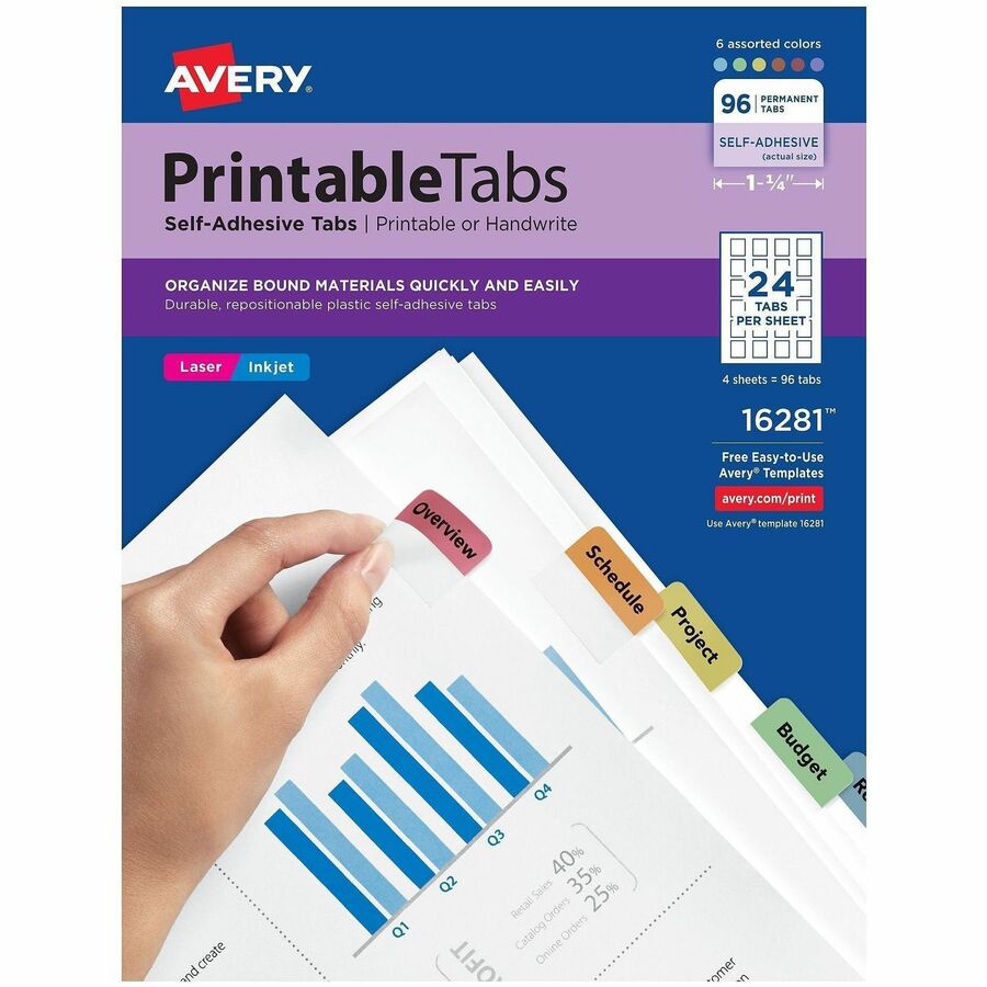 Avery&reg, Printable Repositionable Tabs - 96 Tab(s) - 1.25" Tab Width - Permanent - Paper Divider - Assorted Paper Tab(s) - 96 / Pack