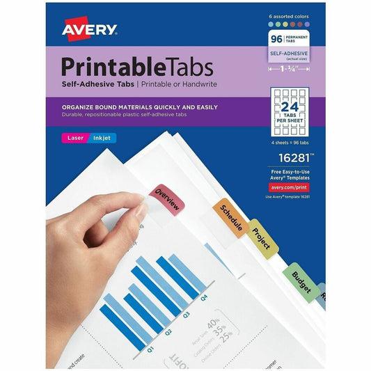Avery, Printable Repositionable Tabs - 96 Tab(s) - 1.25" Tab Width - Permanent - Paper Divider - Assorted Paper Tab(s) - 96 / Pack