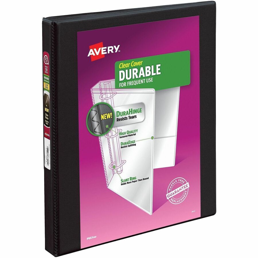 Avery&reg, Durable View 3 Ring Binder, 0.5" Slant Rings, 1 Black Binder (17001) - 1/2" Binder Capacity - Letter - 8 1/2" x 11" Sheet Size - 120 Sheet Capacity - 135 Ring - Fastener: Slant Ring - Pocket: 2, Internal - Polypropylene - Black - Adhesive, D...