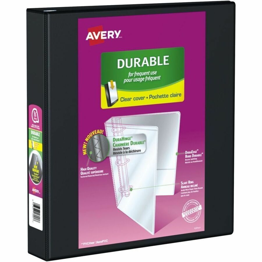 Avery Durable View Binder - 1/2" Binder Capacity - Letter - 8 1/2" x 11" Sheet Size - 375 Sheet Capacity - 375 x 1.50" Ring - Fastener: Slant Ring - Pocket: 2, Internal - DuraHinge design - Polypropylene - Black - Durable, Smooth, Long Lasting, Tear Re...