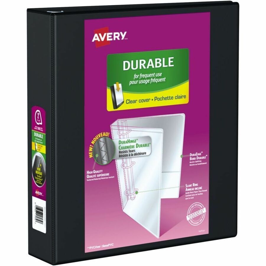 Avery Durable View Binder - 2" Binder Capacity - Letter - 8 1/2" x 11" Sheet Size - 375 Sheet Capacity - 530 x 2" Ring - Fastener: Slant Ring - Pocket: 2, Internal - DuraHinge design - Polypropylene - Black - Durable, Smooth, Long Lasting, Tear Resista...