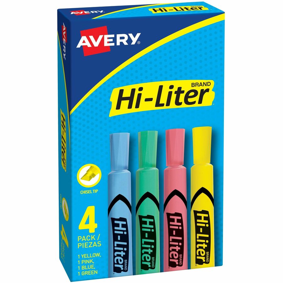 Avery&reg, Hi-Liter, Desk-Style, Assorted Colors, 4 Count (17752) - Washable - Light Blue, Light Green, Light Pink, Yellow Ink - Water Based - Yellow, Light Green, Light Blue, Light Pink Barrel - Classroom, Home, Office, School - 4 / Box