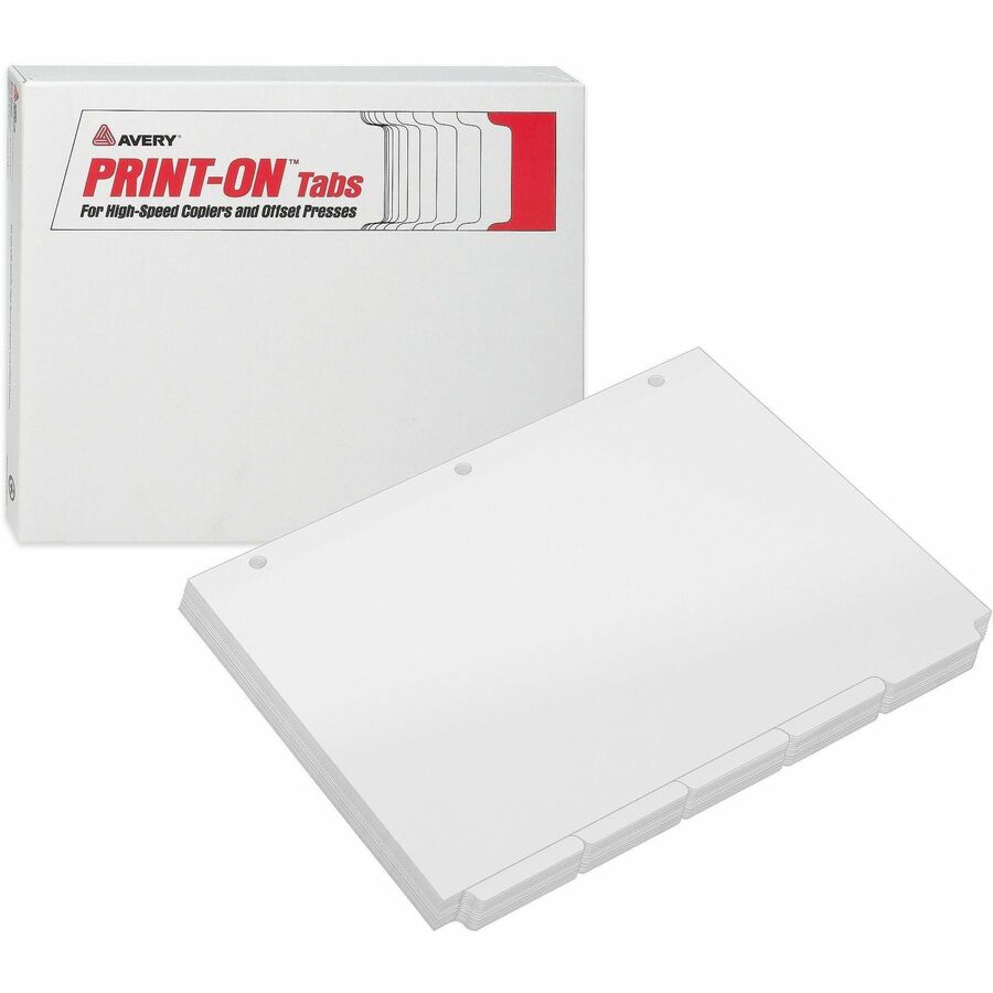 Avery&reg, Print-On 3-Hole Punched High-Speed Copier Tabs - 150 x Divider(s) - 150 Print-on Tab(s) - 5 - 5 Tab(s)/Set - 8.5" Divider Width x 11" Divider Length - 3 Hole Punched - White Paper Divider - White Paper Tab(s) - 20% Recycled - Hole-punched, P...
