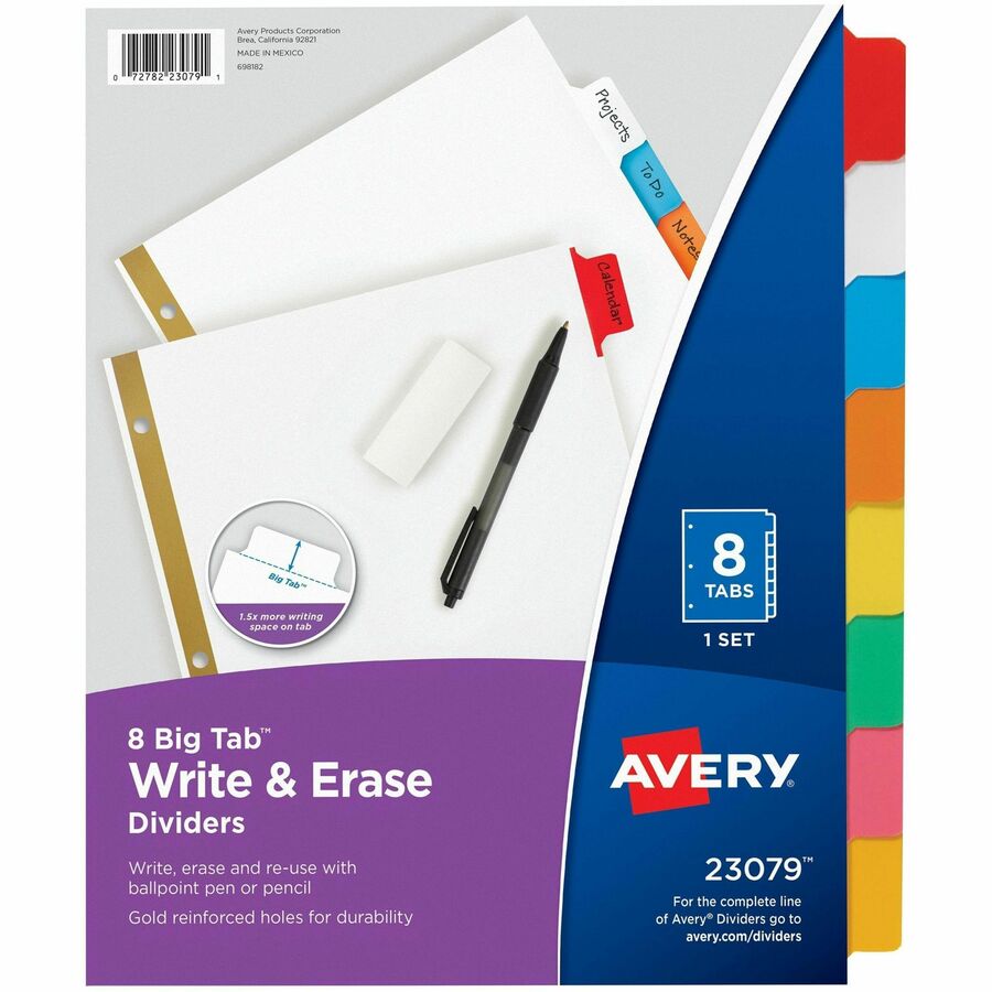 Avery&reg, Big Tab Write & Erase 8-Tab Dividers (23079) - 8 x Divider(s) - 8 Write-on Tab(s) - 8 - 8 Tab(s)/Set - 8.5" Divider Width x 11" Divider Length - 3 Hole Punched - White Paper Divider - Multicolor Paper Tab(s) - 0% - Hole-punched, Writable, Er...