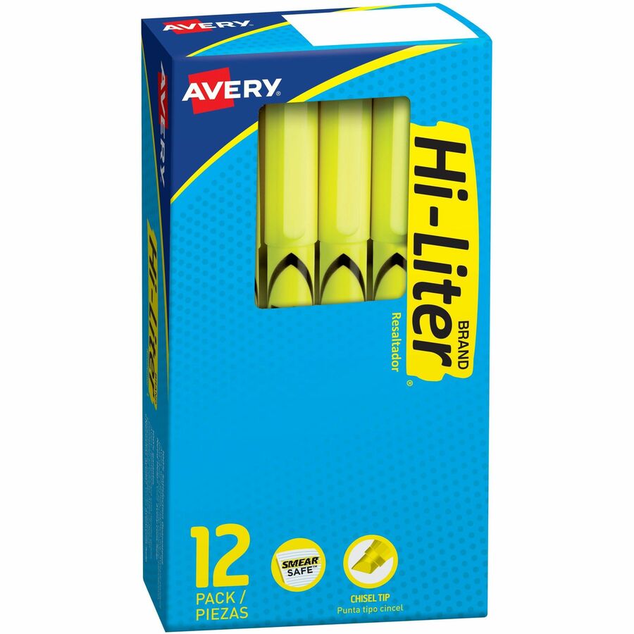 Avery&reg, Hi-Liter, Pen-Style, Fluorescent Yellow, 12 Count (23591) - Washable - Fluorescent Yellow Ink - Yellow Barrel - Document, School, Home, Office, Journaling - 12