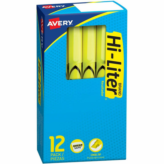 Avery, Hi-Liter, Pen-Style, Fluorescent Yellow, 12 Count (23591) - Washable - Fluorescent Yellow Ink - Yellow Barrel - Document, School, Home, Office, Journaling - 12