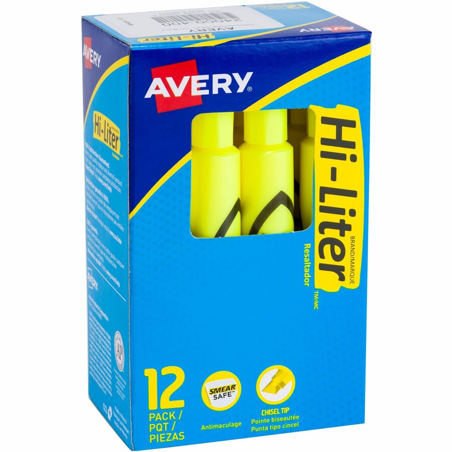 Avery&reg, Hi-Liter, Desk-Style, Fluorescent Yellow, 12 Count (24000) - Washable - Fluorescent Yellow Ink - Water Based - Yellow Barrel - Classroom, School, Office, Home, Planner - 12 / Dozen