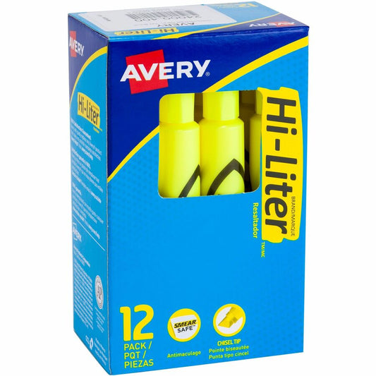 Avery, Hi-Liter, Desk-Style, Fluorescent Yellow, 12 Count (24000) - Washable - Fluorescent Yellow Ink - Water Based - Yellow Barrel - Classroom, School, Office, Home, Planner - 12 / Dozen