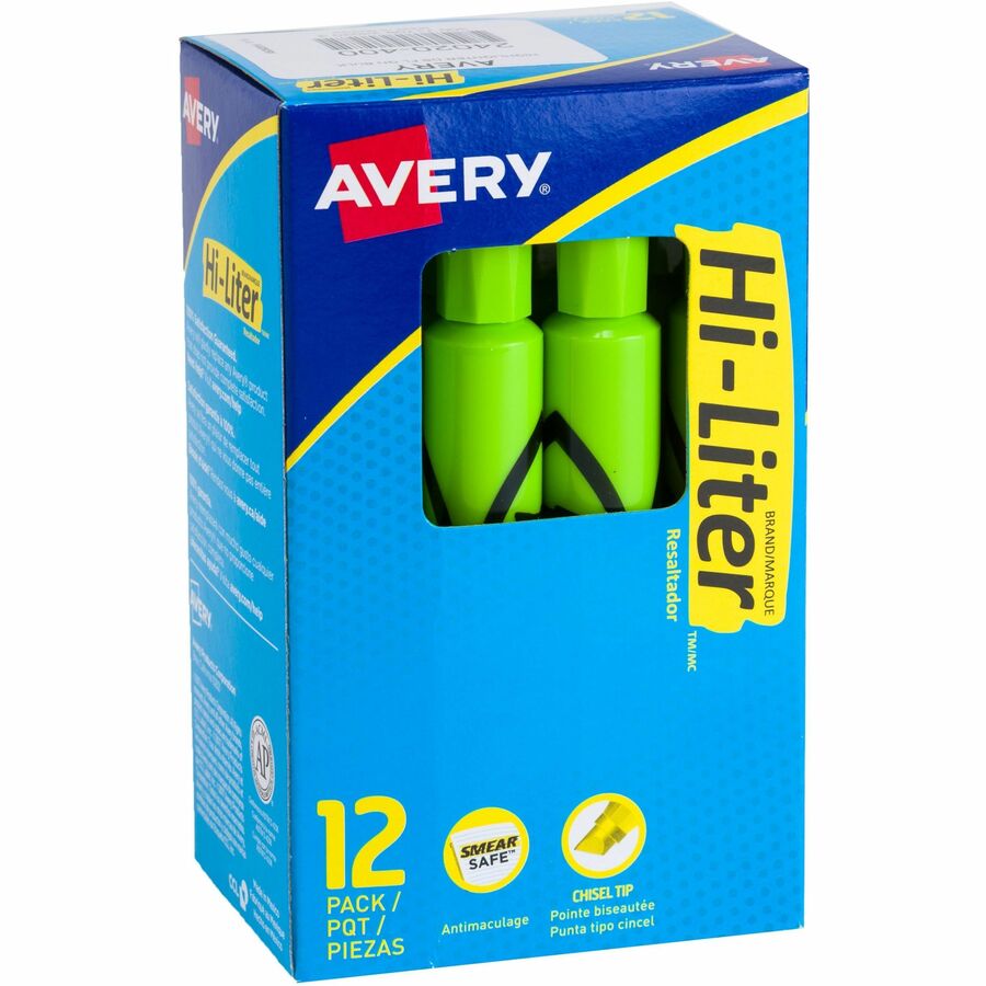 Avery&reg, Hi-Liter, Desk-Style, Fluorescent Green, 12 Count (24020) - Refillable - Washable - Fluorescent Green Ink - Water Based - Green Barrel - Classroom, School, Home, Office, Planner - 12