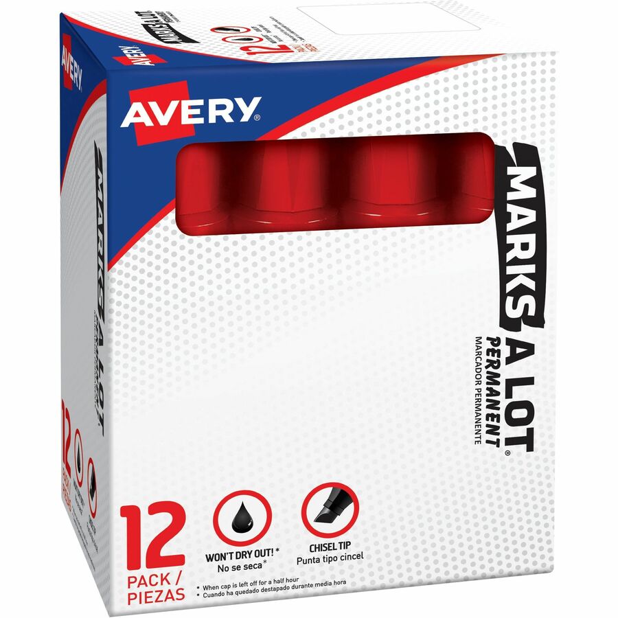 Avery&reg, Marks A Lot Marks A Lot, Permanent Markers, Jumbo Desk-Style, 12 Red (24147) - Red Ink - Red Barrel - Plastic, Metal, Classroom, Office - 12