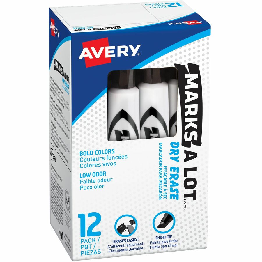 Avery&reg, Marks A Lot Dry Erase Marker, 12 Black Markers (24408) - Erasable - Black Ink - Dry - Home, Classroom, School, Document, Writing, Office - 12
