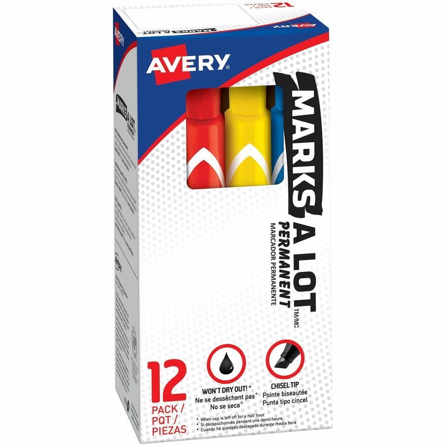 Avery&reg, Marks A Lot Marks A Lot Permanent Markers - Large Desk-Style Size - Chisel Marker Point - Black, Blue, Orange, Green, Purple, Yellow, Red, Brown Ink - Metal, Plastic, Classroom, Office, Warehouse - 12 / Set