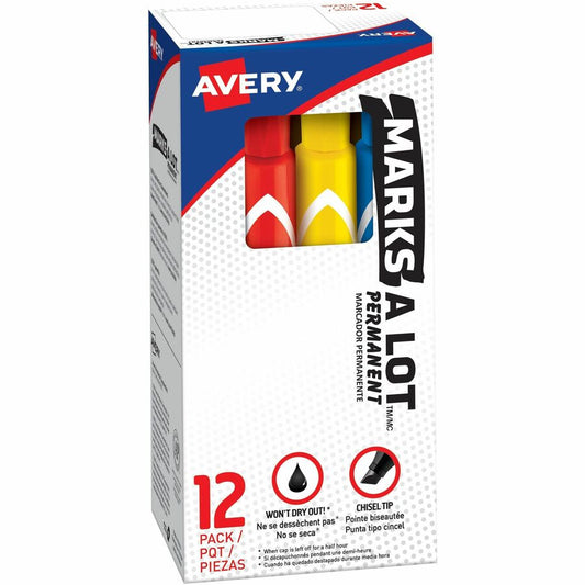 Avery&reg, Marks A Lot Marks A Lot Permanent Markers - Large Desk-Style Size - Chisel Marker Point - Black, Blue, Orange, Green, Purple, Yellow, Red, Brown Ink - Metal, Plastic, Classroom, Office, Warehouse - 12 / Set