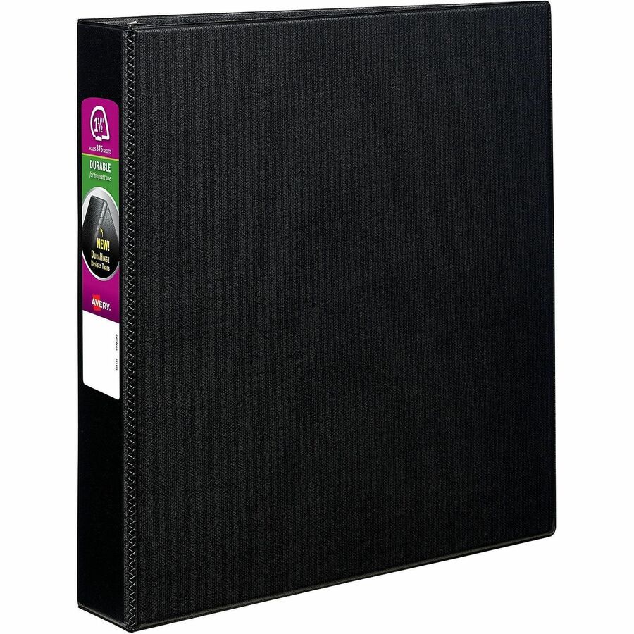 Avery&reg, Durable Binder - DuraHinge - 1 1/2" Binder Capacity - Letter - 8 1/2" x 11" Sheet Size - 375 Sheet Capacity - 3 Ring - Fastener: Slant D-Ring - Pocket: 2, Internal - Black - 1.28 lb - Gap-free Ring, Stacked Pocket, Exposed Rivet, Durable - 1...
