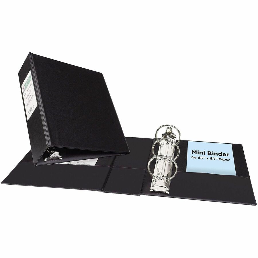 Avery&reg, Mini Durable Binder - 2" Binder Capacity - 8 1/2" x 5 1/2" Sheet Size - 375 Sheet Capacity - 3 Ring - Fastener: Round Ring - Pocket: 2, Internal - Vinyl - Black - Gap-free Ring, Label Holder, Stacked Pocket, Rivet - 1 Each