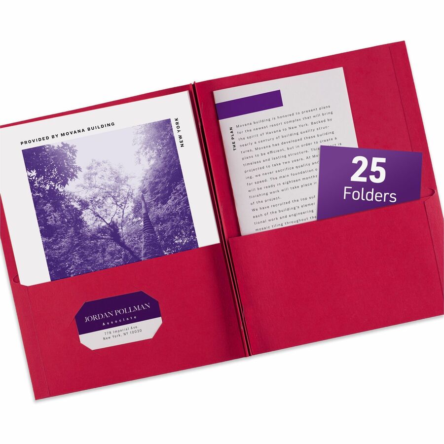 Avery&reg, Letter Report Cover - 8 1/2" x 11" - 70 Sheets Capacity - 3 x 3-prong Fastener - 1/2" for Folder - 2 Internal Pocket - Paper - Red - Die-cut, Sturdy, Scuff Resistant, Punched, Pocket, Textured - 0% Recycled - 25 / Box