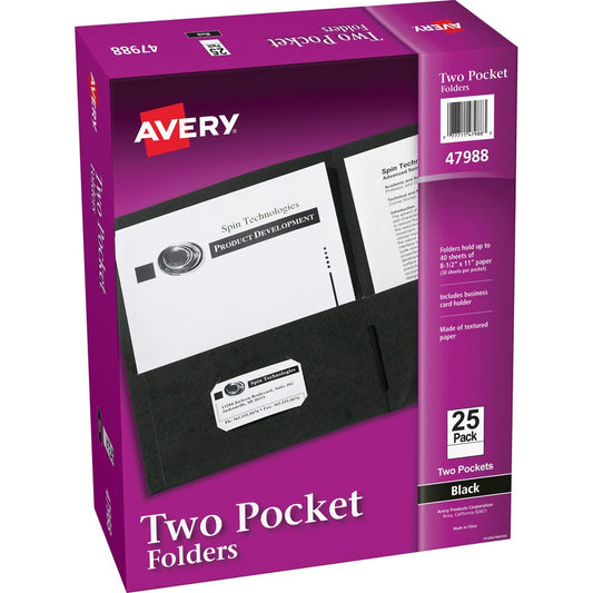 Avery, Letter Pocket Folder - 8 1/2" x 11" - 40 Sheets Capacity - 2 Internal Pocket - Paper - Black - 0% Recycled - 25 / Box