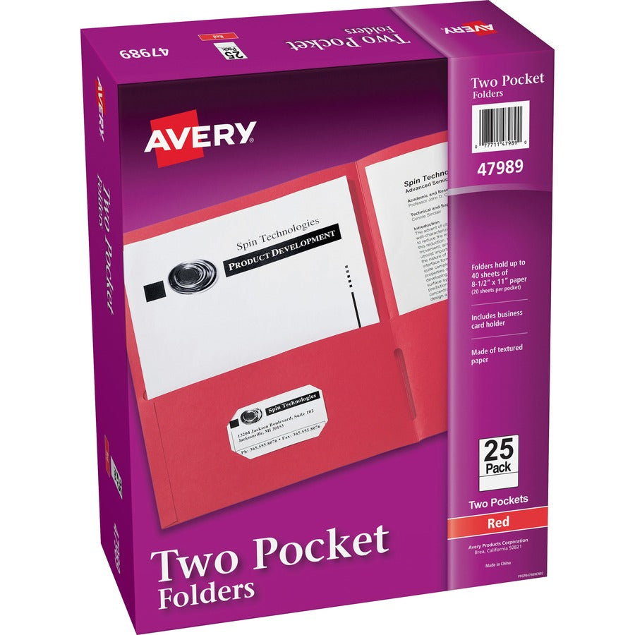 Avery&reg, Letter Pocket Folder - 8 1/2" x 11" - 40 Sheets Capacity - 2 Internal Pocket - Paper - Red - 0% Recycled - 25 / Box