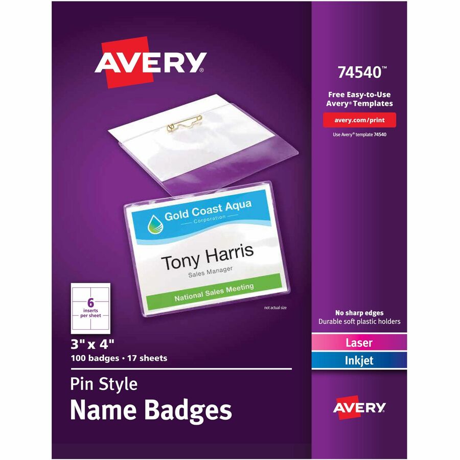Avery&reg, Pin-Style Name Badges - Clear, White - 1 Box