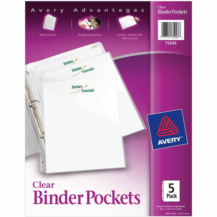 Avery&reg, Letter Vinyl File Pocket - 8 1/2" x 11" - 20 Sheets Capacity - 3 Pocket - Polypropylene, Plastic - Clear - Acid-free, Archival-safe, Tear Resistant, PVC-free, Durable, Pocket, Damage Resistant, Wear Resistant, Pre-punched, Ink-transfer Resis...