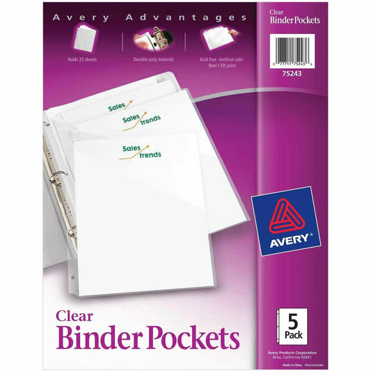 Avery, Letter Vinyl File Pocket - 8 1/2" x 11" - 20 Sheets Capacity - 3 Pocket - Polypropylene, Plastic - Clear - Acid-free, Archival-safe, Tear Resistant, PVC-free, Durable, Pocket, Damage Resistant, Wear Resistant, Pre-punched, Ink-transfer Resis...