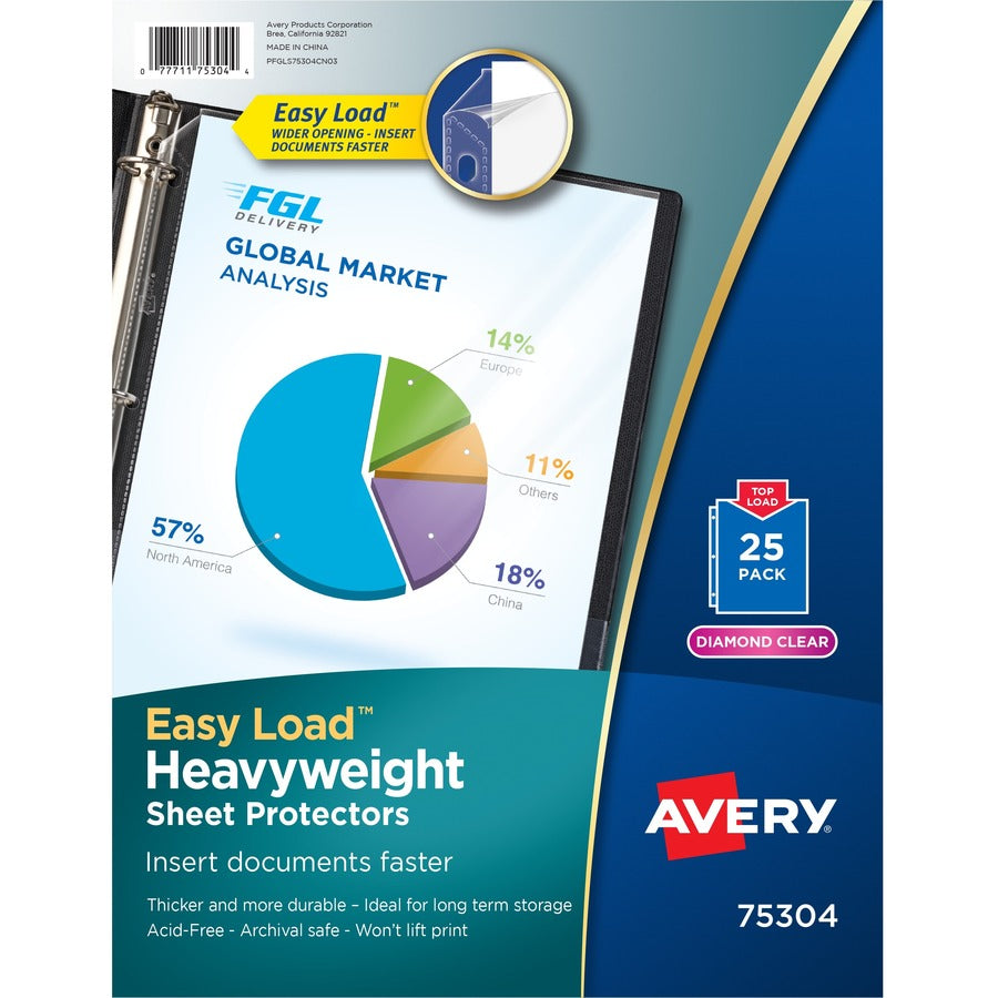Avery&reg, Heavyweight Sheet Protectors -Acid-free - Sheet Capacity - For Letter 8 1/2" x 11" Sheet - Ring Binder - Top Loading - Diamond Clear - Polypropylene - 25 / Pack