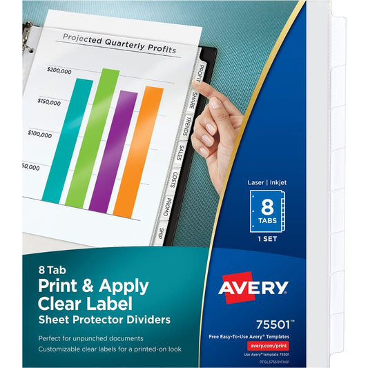 Avery, Print & Apply Sheet Protector Dividers - 8 x Divider(s) - 8 - 8 Tab(s)/Set - 8.5" Divider Width x 11" Divider Length - 3 Hole Punched - Clear Plastic Divider - Clear Plastic Tab(s) - Hole-punched, Printable, Customizable, Easy Peel - 1 Set