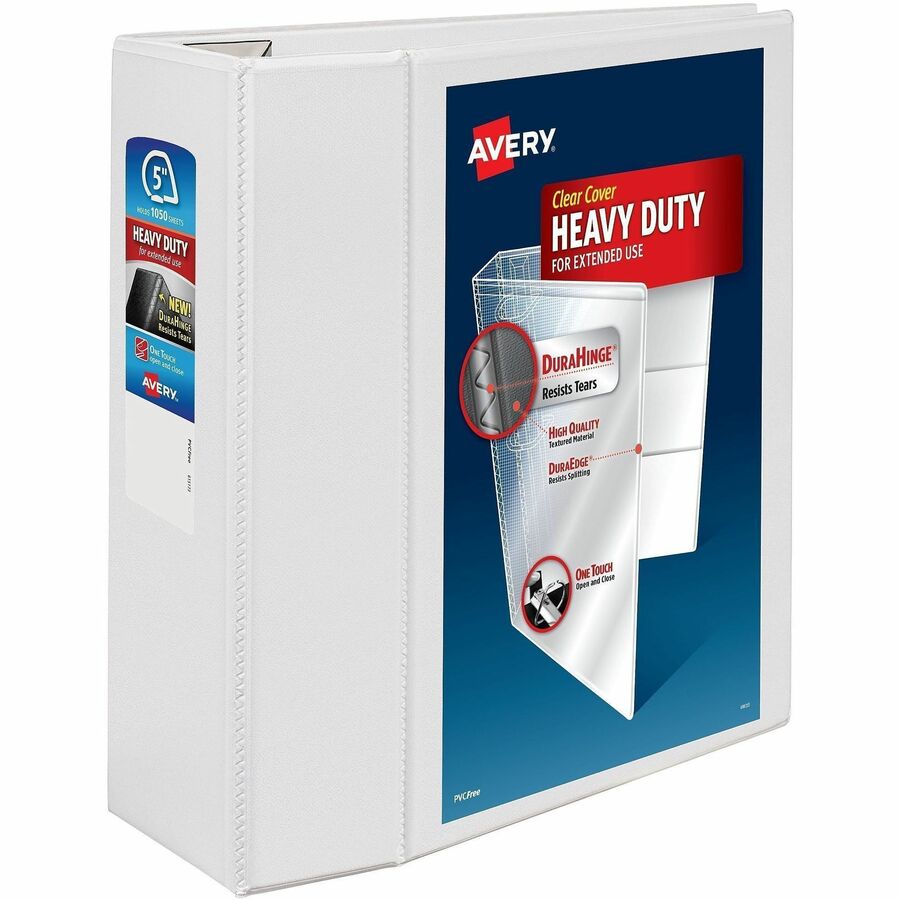 Avery&reg, Heavy-Duty View 3 Ring Binder - 5" Binder Capacity - Letter - 8 1/2" x 11" Sheet Size - 1050 Sheet Capacity - 1050 x 5" Ring - Fastener: Ring - Pocket: 4, Internal - Polypropylene - White - Adhesive, Clear Overlay, Heavy Duty, Ink-transfer R...