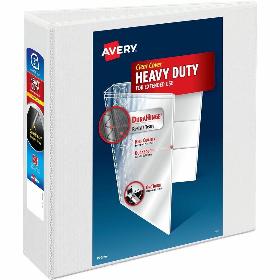 Avery Heavy-Duty View Binder, 3" EZD Rings, 1 White Binder (79193) - 3" Binder Capacity - Letter - 8 1/2" x 11" Sheet Size - 670 Sheet Capacity - 3 1/2" Spine Width - 3 x 3" Ring - Fastener: Ring - Pocket: 4, Internal - Polypropylene - White - Adhesive...
