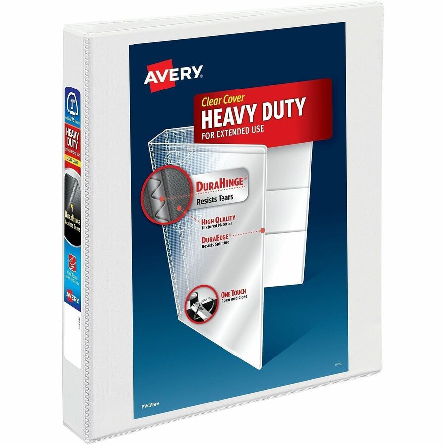 Avery Heavy-Duty View Binder - 1" Binder Capacity - Letter - 8 1/2" x 11" Sheet Size - 275 Sheet Capacity - 1 2/5" Spine Width - 3 x 1" Ring - Fastener: Ring - Pocket: 4, Internal - Polypropylene - White - Adhesive, Clear Overlay, Flexible, Heavy Duty...