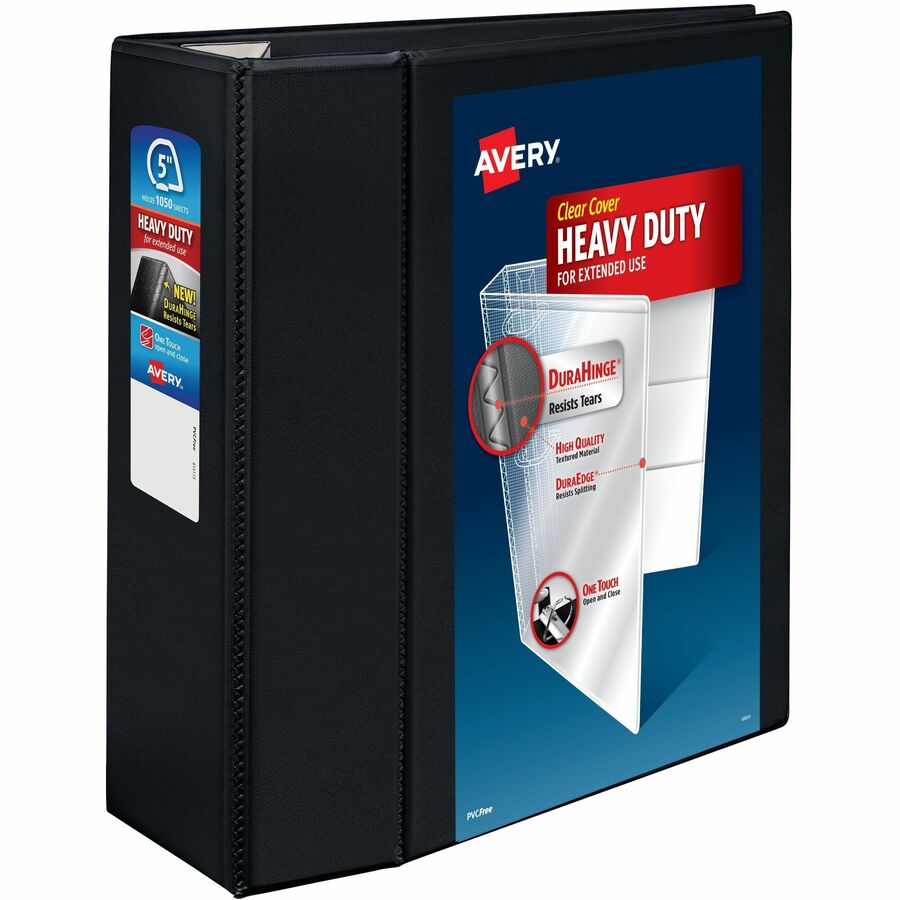 Avery&reg, Heavy-Duty View Binders with One Touch EZD Rings - 5" Binder Capacity - Letter - 8 1/2" x 11" Sheet Size - 1050 Sheet Capacity - 1050 x 5" Ring - Fastener: Ring - Pocket: 4, Internal - Polypropylene - Black - Adhesive, Clear Overlay, Customi...