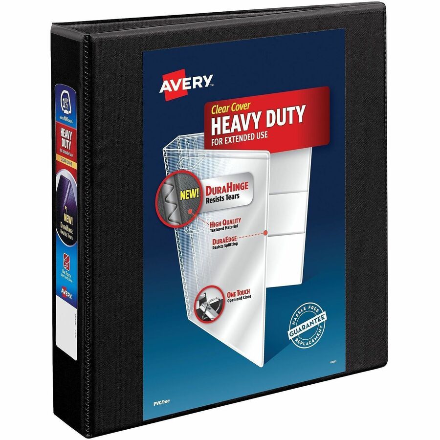 Avery&reg, Heavy-Duty View 3 Ring Binder - 1 1/2" Binder Capacity - Letter - 8 1/2" x 11" Sheet Size - 400 Sheet Capacity - 400 x 1.50" Ring - Fastener: Ring - Pocket: 4, Internal - Polypropylene - Black - Adhesive, Clear Overlay, Heavy Duty, Locking R...