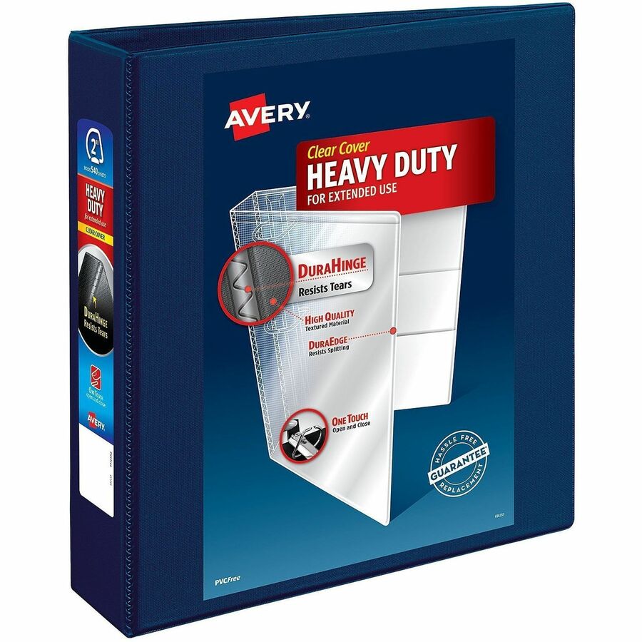 Avery&reg, Heavy-Duty View 3 Ring Binder - 2" Binder Capacity - Letter - 8 1/2" x 11" Sheet Size - 540 Sheet Capacity - 540 x 2" Ring - Fastener: Ring - Pocket: 4, Internal - Polypropylene - Navy Blue - Adhesive, Clear Overlay, Heavy Duty, Locking Ring...