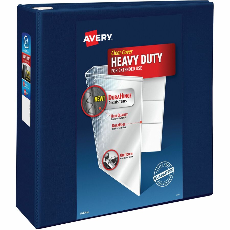 Avery&reg, Heavy-Duty View Binders with One Touch EZD Rings - 4" Binder Capacity - Letter - 8 1/2" x 11" Sheet Size - 780 Sheet Capacity - 780 x 4" Ring - Fastener: Ring - Pocket: 4, Internal - Polypropylene - Navy Blue - Recycled - Adhesive, Clear Ove...