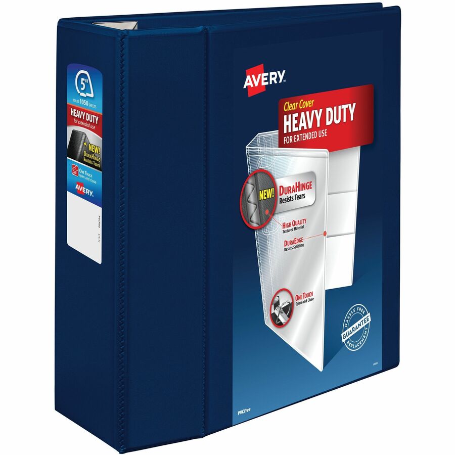 Avery&reg, Heavy-Duty View Binders with One Touch EZD Rings - 5" Binder Capacity - Letter - 8 1/2" x 11" Sheet Size - 1050 Sheet Capacity - 1050 x 5" Ring - Fastener: Ring - Pocket: 4, Internal - Polypropylene - Navy Blue - Adhesive, Durable, Heavy Dut...