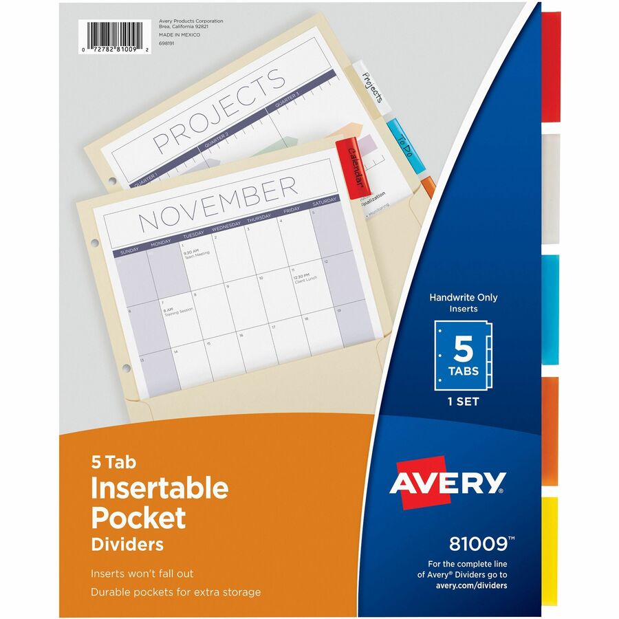 Avery&reg, Insertable 5-Tab Dividers - 5 x Divider(s) - 5 Tab(s) - 5 - 5 Tab(s)/Set - 9.3" Divider Width x 11.12" Divider Length - 3 Hole Punched - Buff Paper Divider - Multicolor Paper, Plastic Tab(s) - Recycled - Durable, Reinforced Hole, Hole-punche...