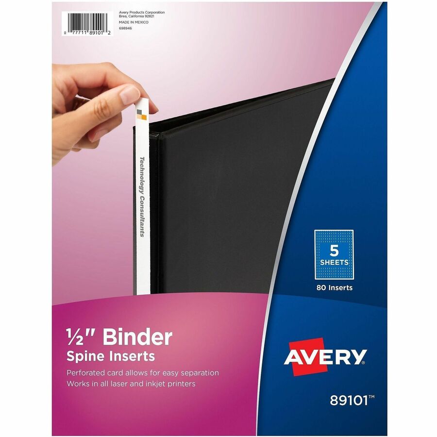Avery&reg, Binder Spine Inserts, 1/2 Inch Binders, 80 Inserts (89101) - For 1/2" Sheet - 3 x Rings - Ring Binder - Bright White - Card Stock - 80 / Pack