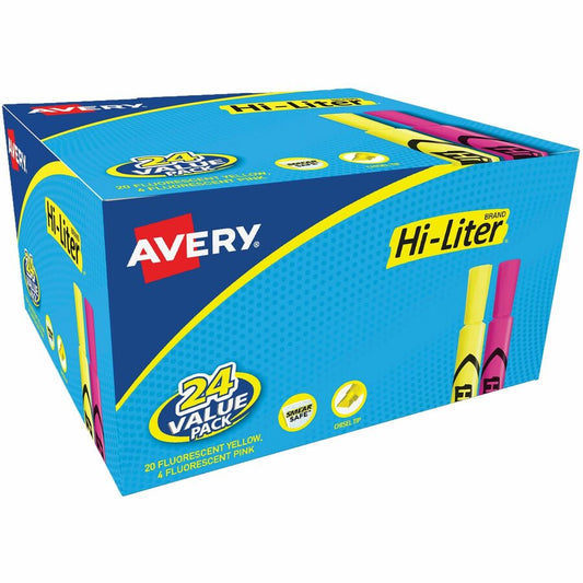 Avery, Hi-Liter(R), Pink and Yellow Highlighters, 24 Total (98189) - Chisel Marker Point - Fluorescent Yellow, Fluorescent Pink Ink - Water Based - School, Office, Home, Document - 24 / Box