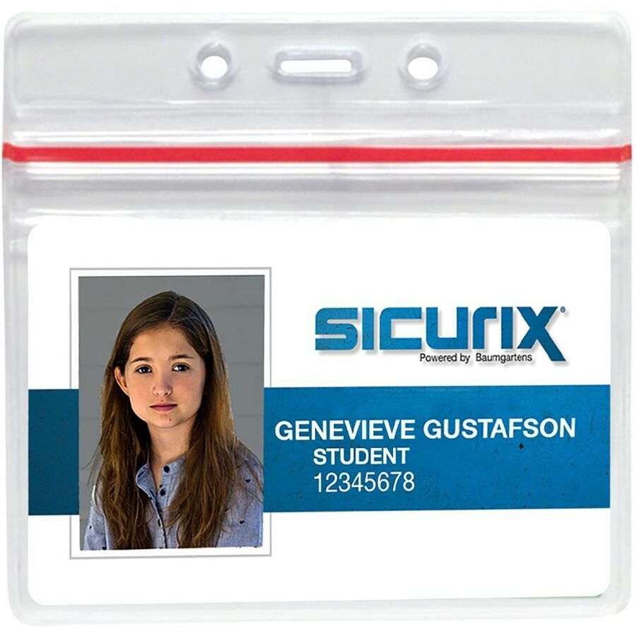 SICURIX 47830 Badge Holder - Support 3.75" x 2.62" Media - Horizontal - Vinyl - Clear - Zipper Lock - 50 / Pack