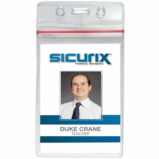 SICURIX 47840 Badge Holder - Support 2.62" x 3.75" Media - Vertical - Vinyl - Clear - Zipper Lock - 50 / Pack