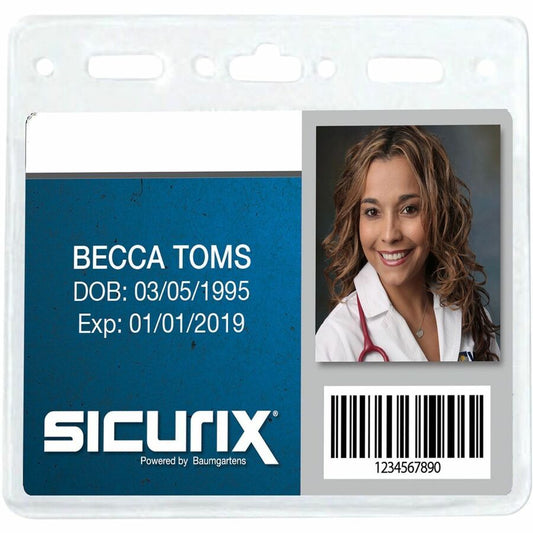 SICURIX Badge Holder - Horizontal - 4" Height x 3" Width - Vinyl - Clear - Sturdy, Transparent Design - 50 / Pack