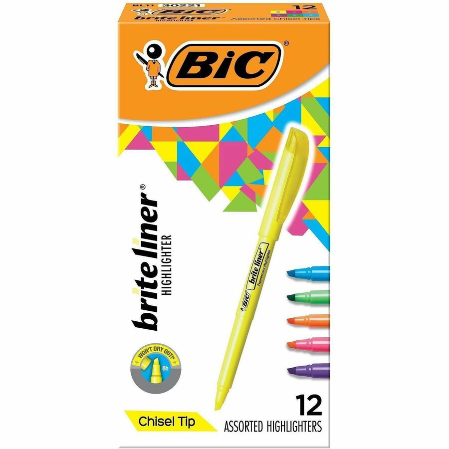 BIC Brite Liner Highlighter, Assorted - Fluorescent Assorted Ink - 12 / Box
