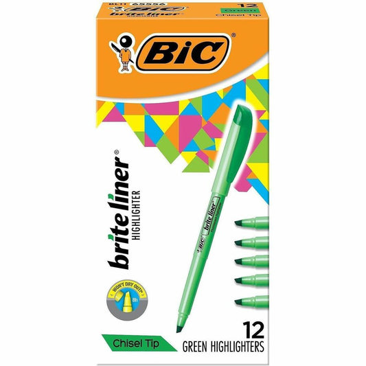 BIC Brite Liner Highlighters - Fluorescent Green Ink - Water Based - 12 / Dozen