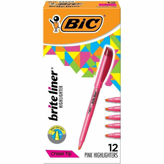 BIC Brite Liner Highlighters - Fluorescent Pink Ink - Water Based - 12 / Dozen