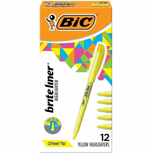 BIC Brite Liner Highlighters - Fluorescent Yellow Ink - Water Based - 12 / Dozen