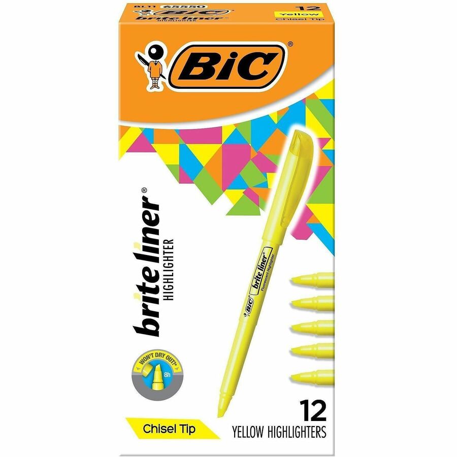 BIC Brite Liner Highlighters - Fluorescent Yellow Ink - Water Based - 12 / Dozen